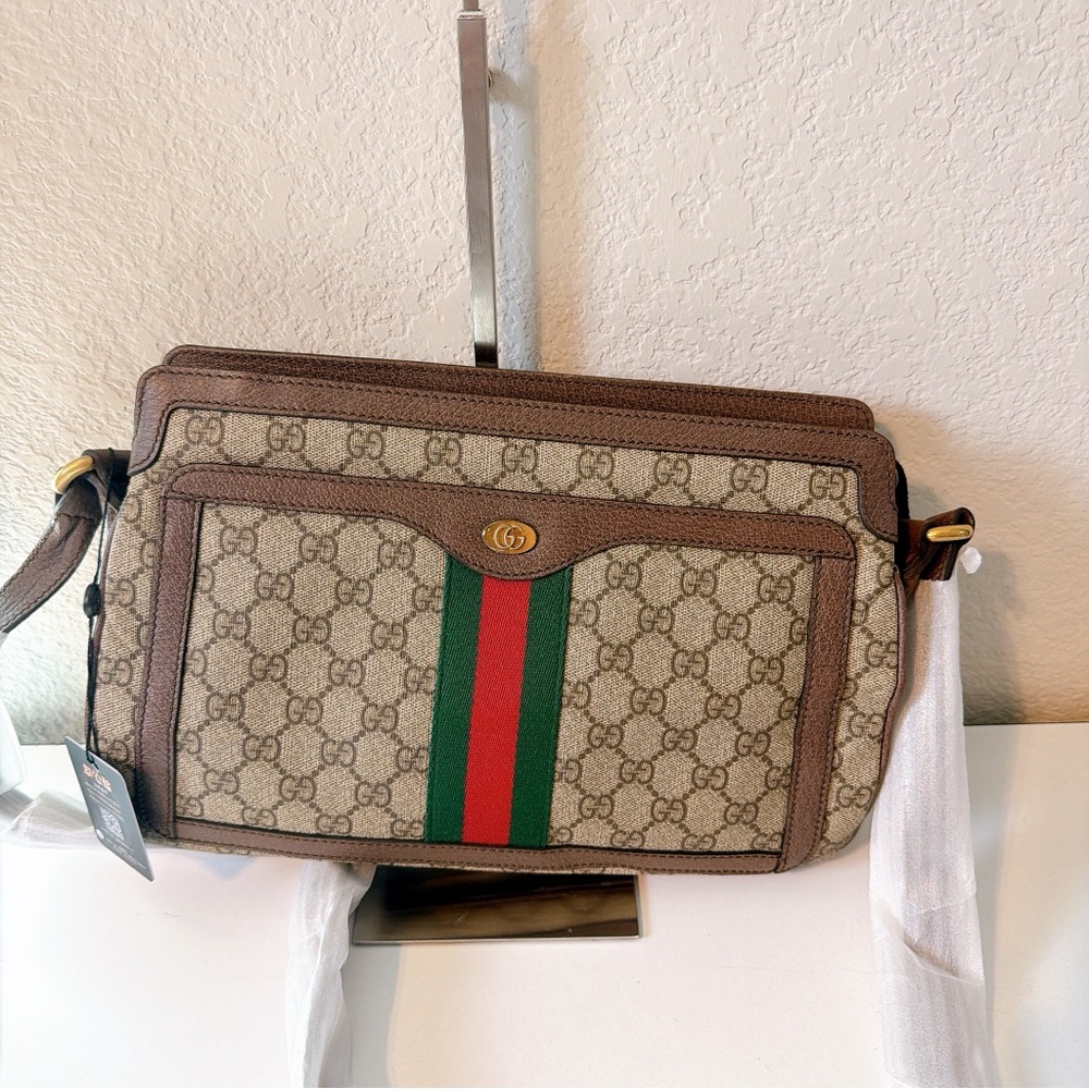 Gucci Brown GG Canvas Messenger Bag with Green and Red Web Stripe